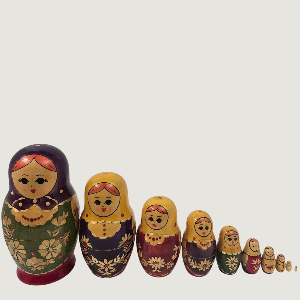 Vintage Russian Matryoshka Nesting Dolls Set of 10 Straw Inlay Made USSRrt